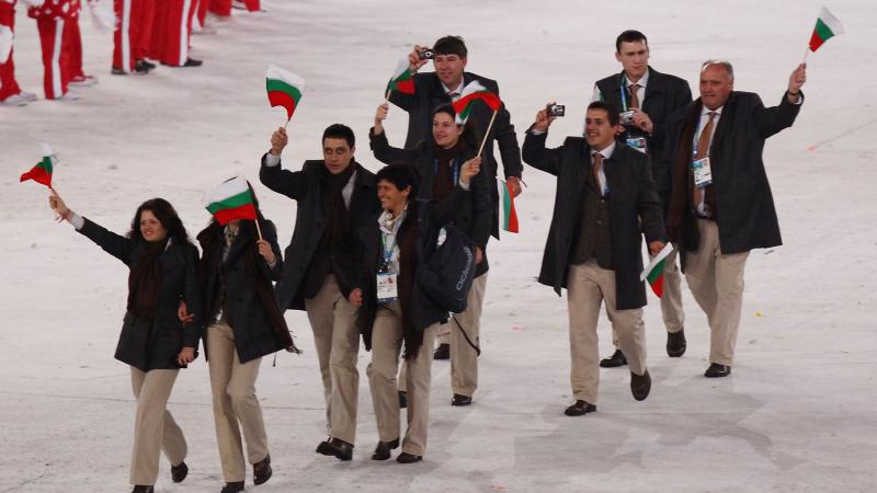 Team Bulgaria during the Opening Ceremony of the 2010 Vancouver Winter Paralympic Games The Bulgarian team is led through the stadium by flag bearer Aleksandar Stoyanov during the Opening Ceremony of the 2010 Vancouver Winter Paralympic Games