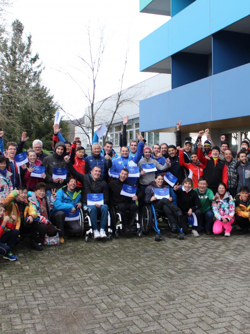Around 50 participants of Nordic Development Camp pose for pictures in front of FT Hotel in Oberried