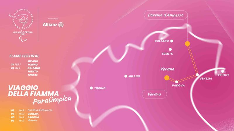 A graphic with a map of Italy with the routes of the torch relay.