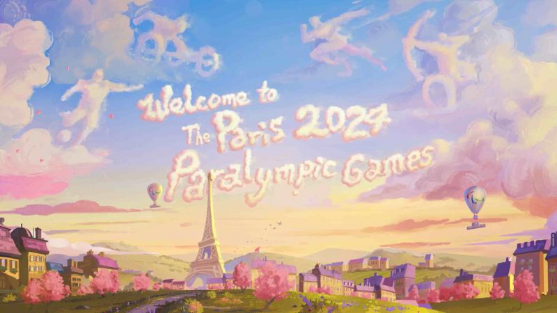 An animation image shows a town with the Eiffel Tower. Clouds forming above say "Welcome to the Paris 2024 Paralympic Games" 